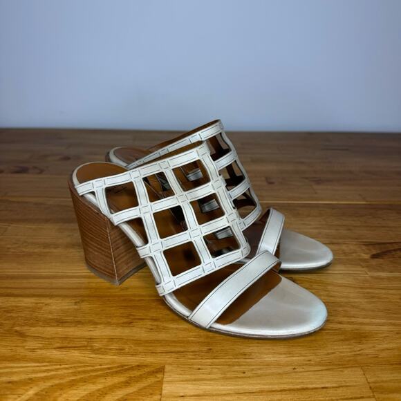 Aquatalia Ivory Leather Caged Open Toe Block Heel Sandals Size 8.5 - Picture 1 of 6